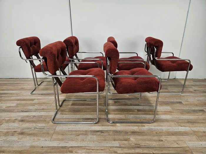 Guido Faleschini - Chaise (6) - Quatre chaises de salle à manger Tucroma de Guido Faleschini pour les Mariani. - Métal, Textile