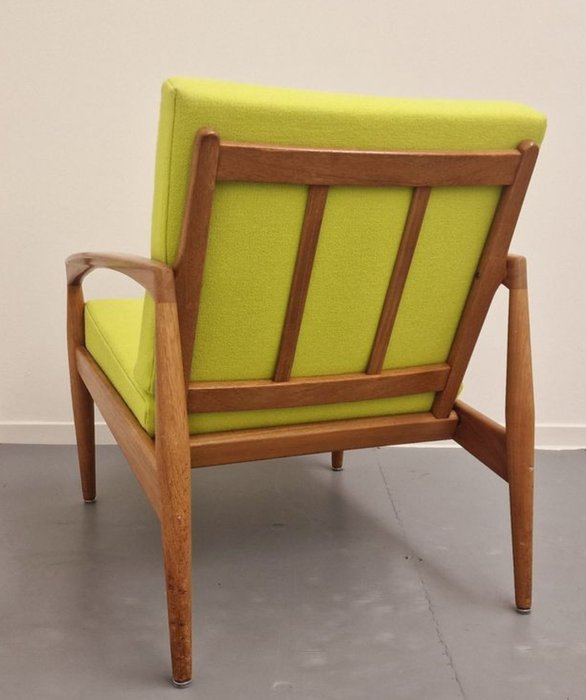 Magnus Olesen - Kai Kristiansen - Chaise longue - Couteau à papier, chaise - Teck, Tissu en laine, ressorts métalliques, plastique - Nouveau rembourré Kvadrat