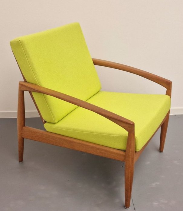Magnus Olesen - Kai Kristiansen - Chaise longue - Couteau à papier, chaise - Teck, Tissu en laine, ressorts métalliques, plastique - Nouveau rembourré Kvadrat