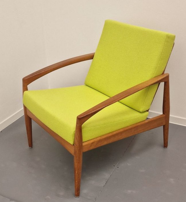 Magnus Olesen - Kai Kristiansen - Chaise longue - Couteau à papier, chaise - Teck, Tissu en laine, ressorts métalliques, plastique - Nouveau rembourré Kvadrat