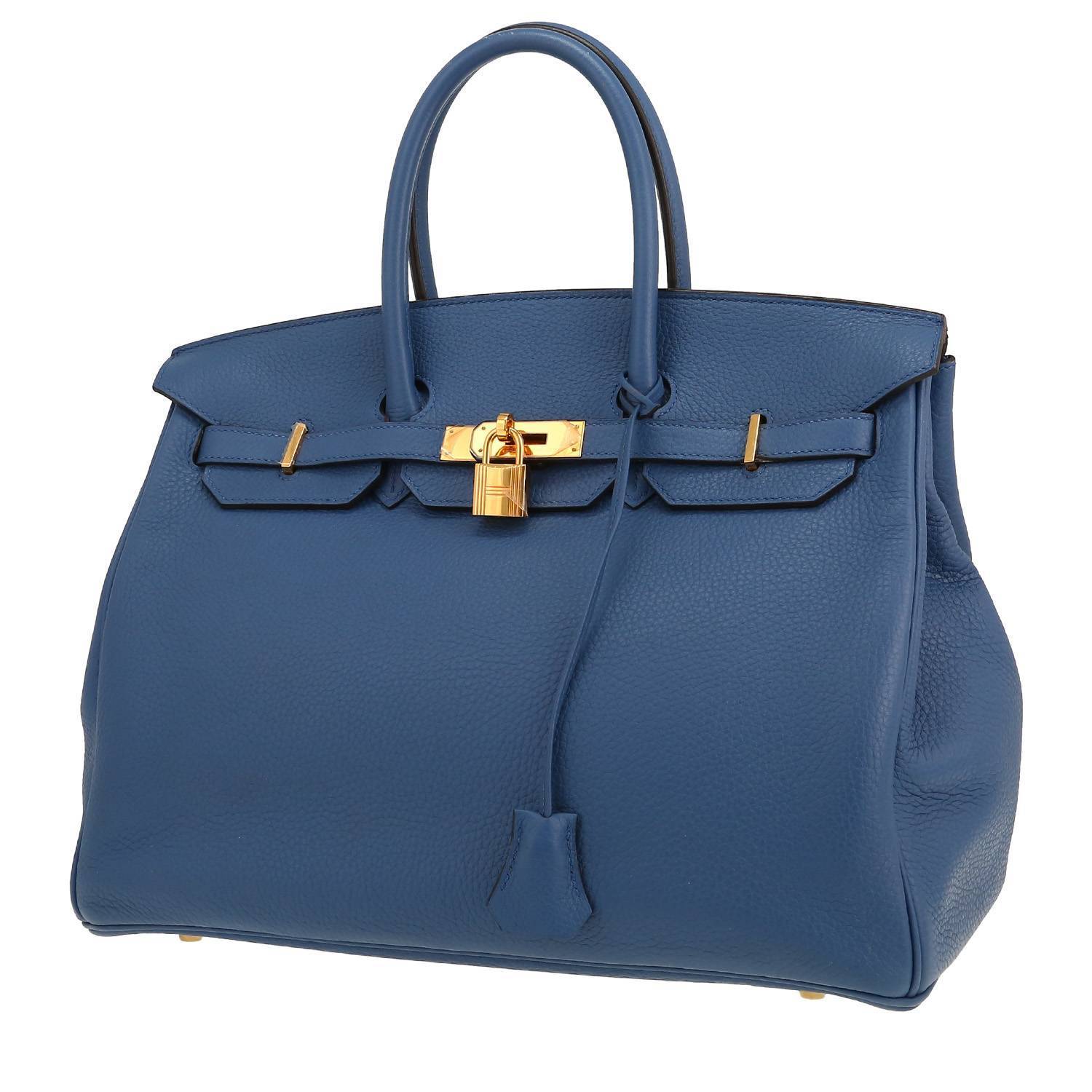 Sac Hermès Birkin 35 en cuir Taurillon Clémence bleu avec quincaillerie dorée