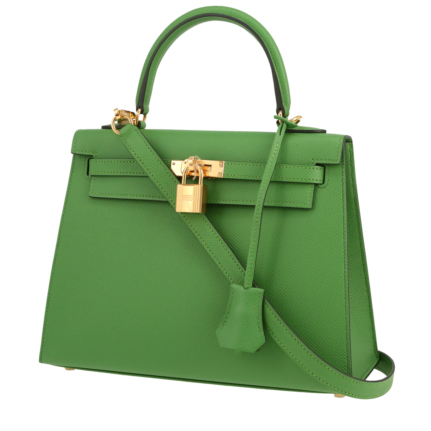 Sac Hermès Kelly 25 cm en cuir Epsom Vert Yuka avec quincaillerie dorée, bandoulière amovible, accessoires complets – vue face