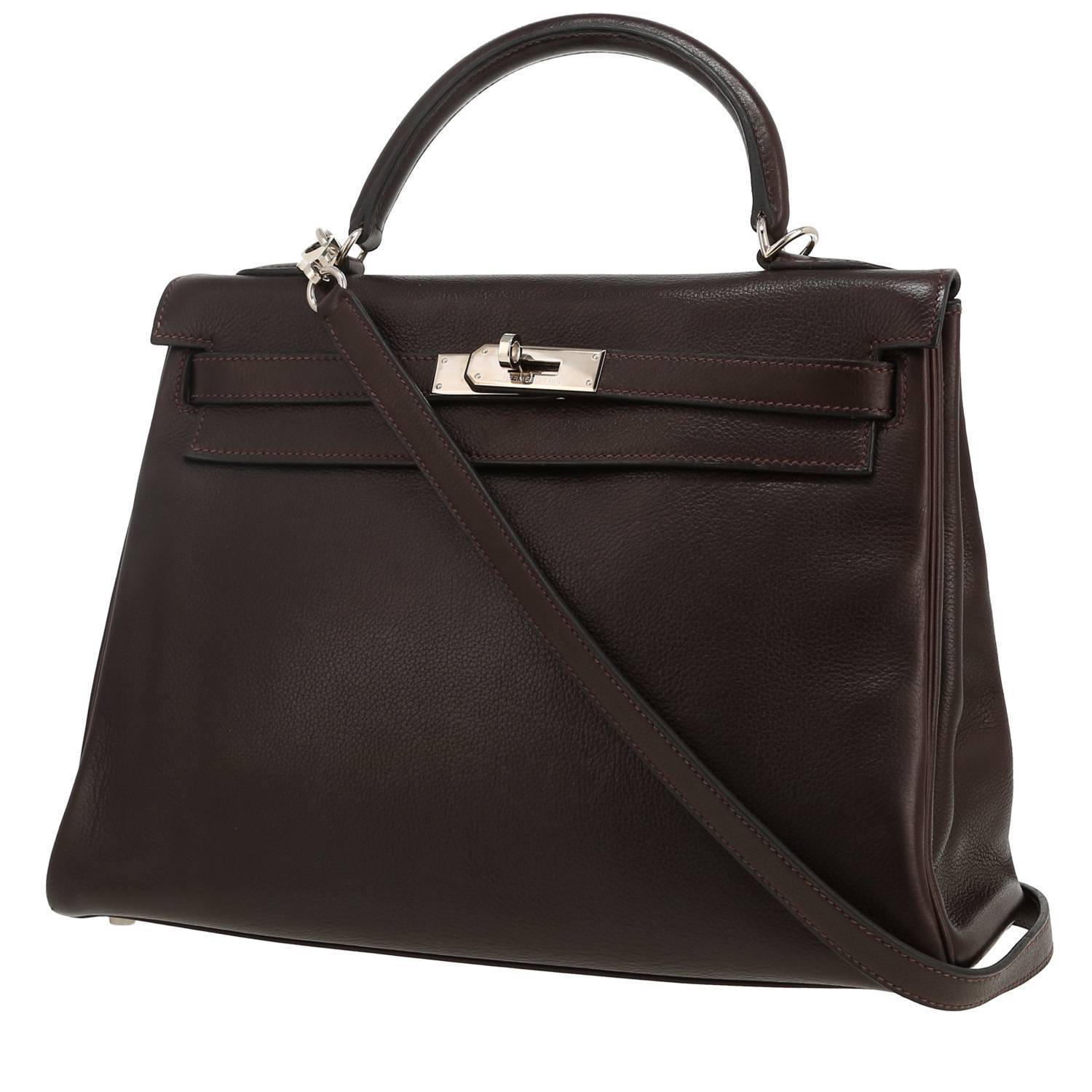 Sac Hermès Kelly 32 cm en cuir Gulliver marron avec quincaillerie palladium et bandoulière amovible – vue face
