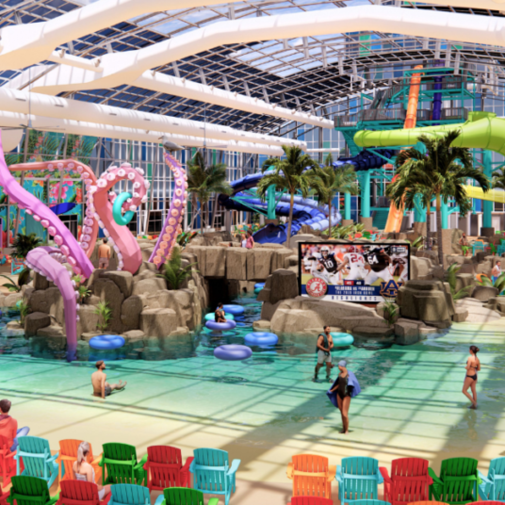 First indoor water park with a retractable wall + roof, Tropic Falls, coming to OWA in Foley, Summer 2022 First indoor water park with a retractable wall + roof, Tropic Falls, coming to OWA in Foley, Summer 2022
