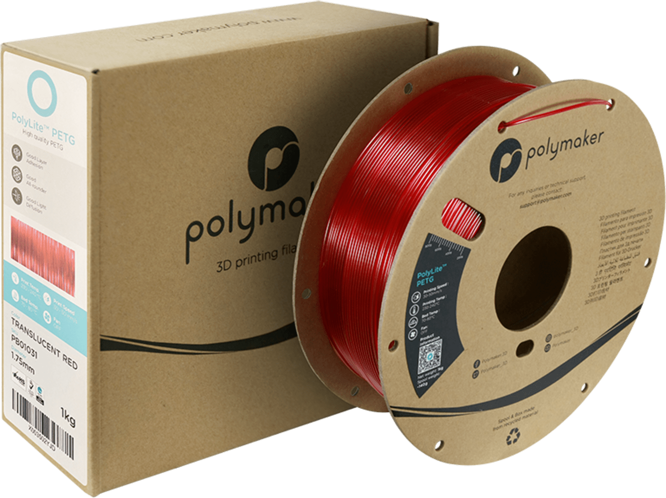 Polymaker – PolyLite PETG Transluzent Rot – 1,75 mm – 1,0 kg