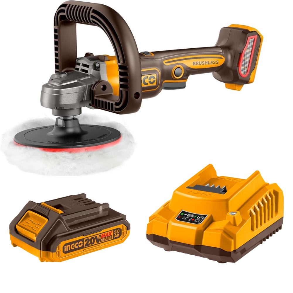 Ingco – Cordless Brushless Angle Polisher (20V) with 2.Ah Battery & Charger