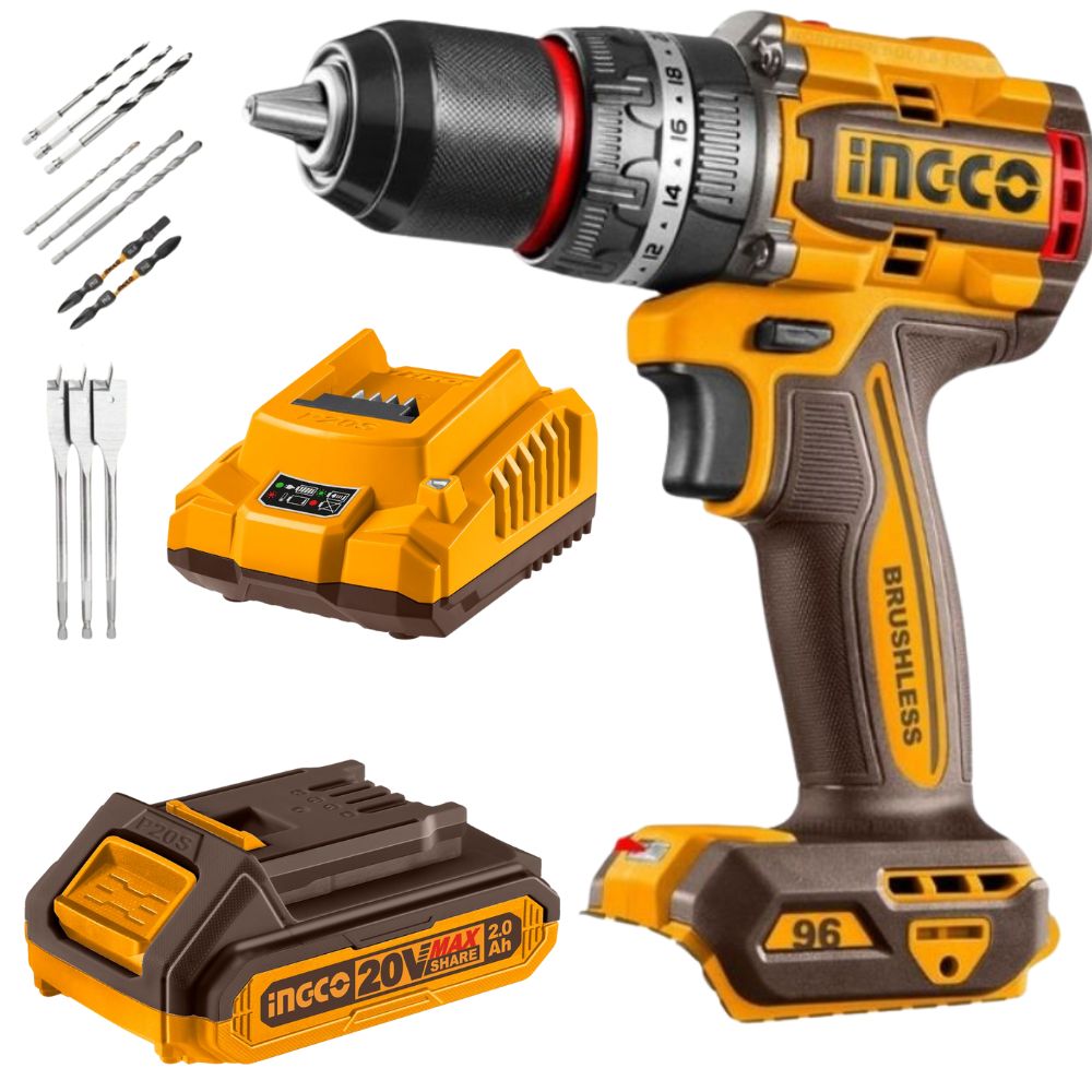 Ingco – Cordless Brushless Impact Drill 96 Nm (20V) with Battery & Charger
