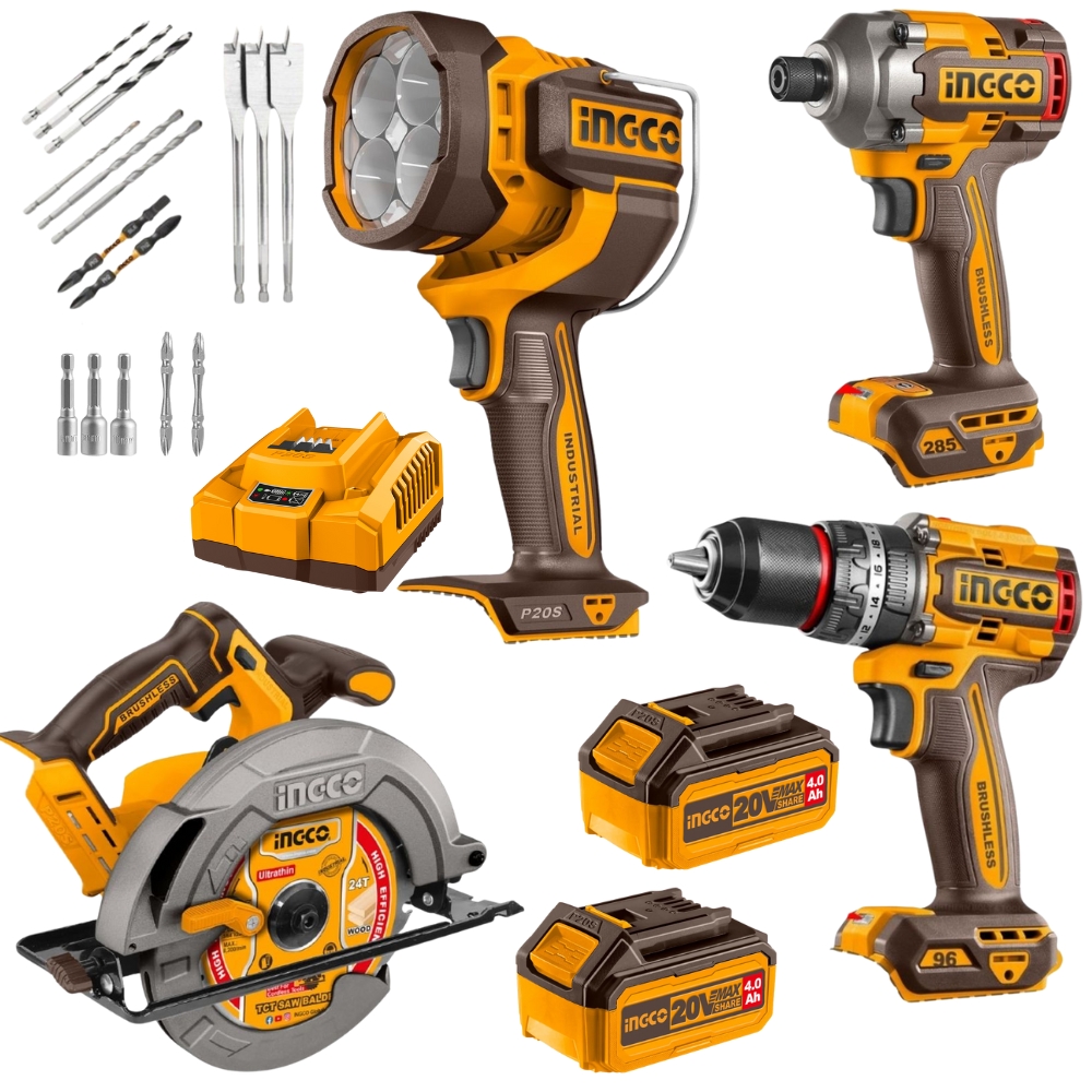 Ingco – Impact Drill, Impact Driver, Circular Saw & Work Lamp Combo – 20V