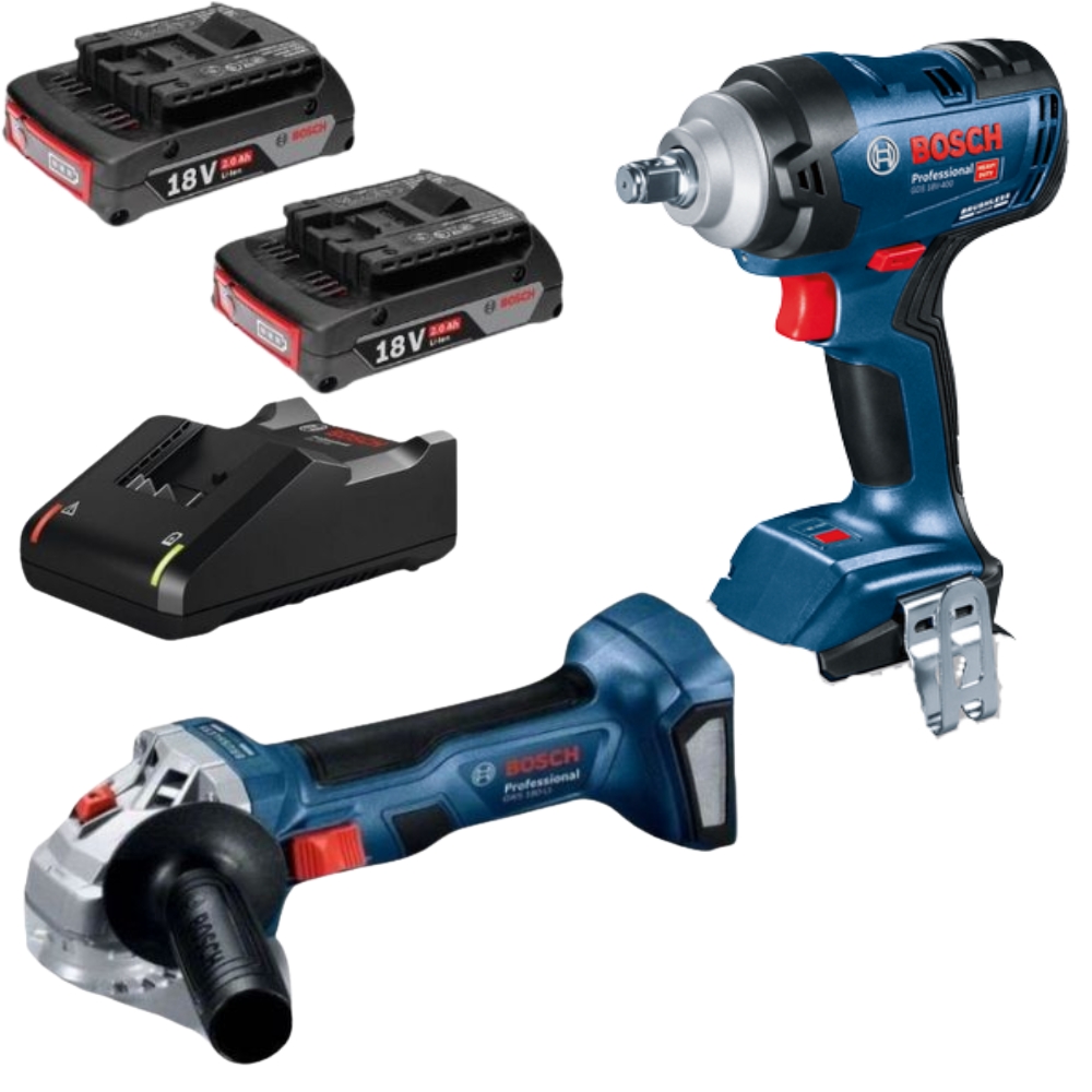 Bosch – Cordless Impact Wrench, Angle Grinder with 2x2Ah Batts and Charger
