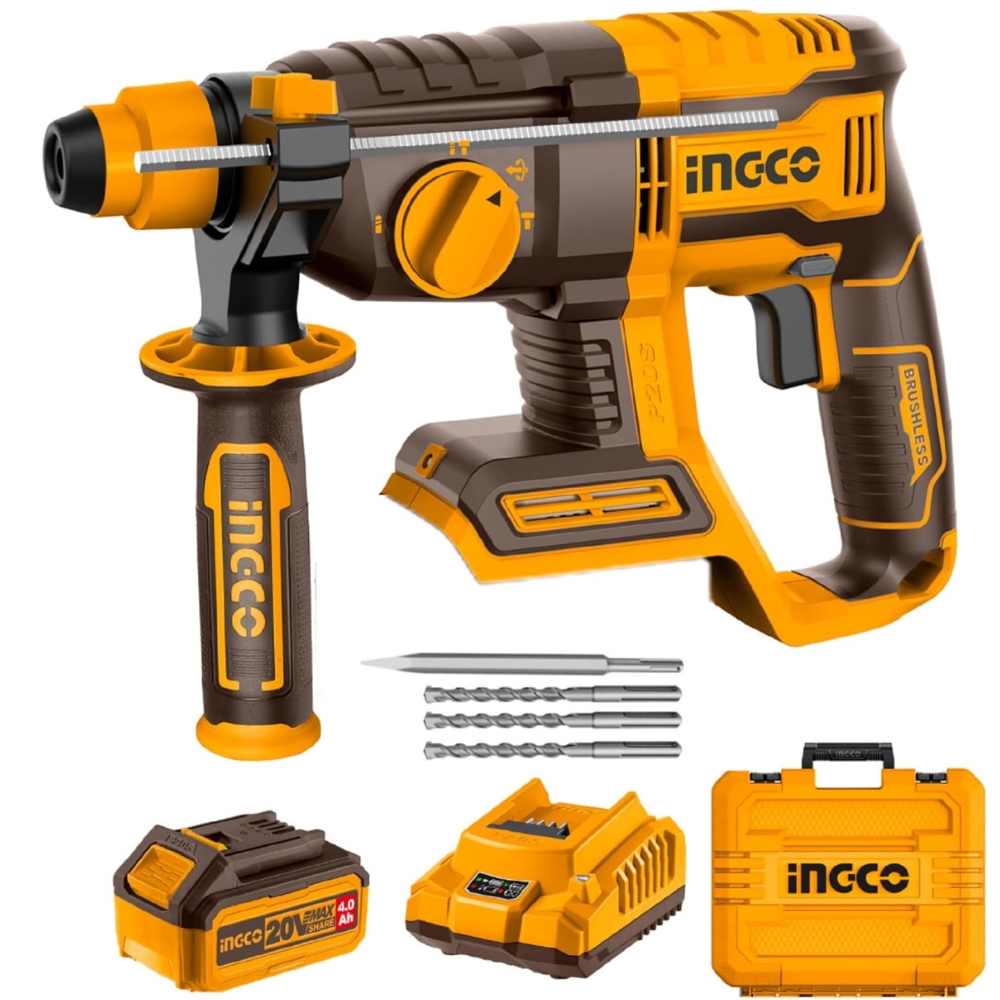 Ingco – Cordless Combo Kit with Rotary Hammer, Angle Grinder & Lamp 20V
