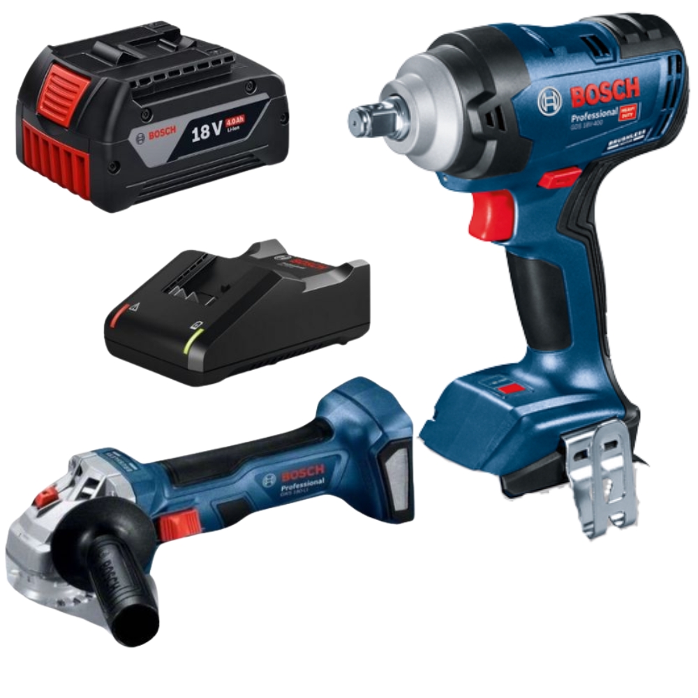 Bosch – Cordless Impact Wrench, Angle Grinder with 4Ah Batteries & Charger