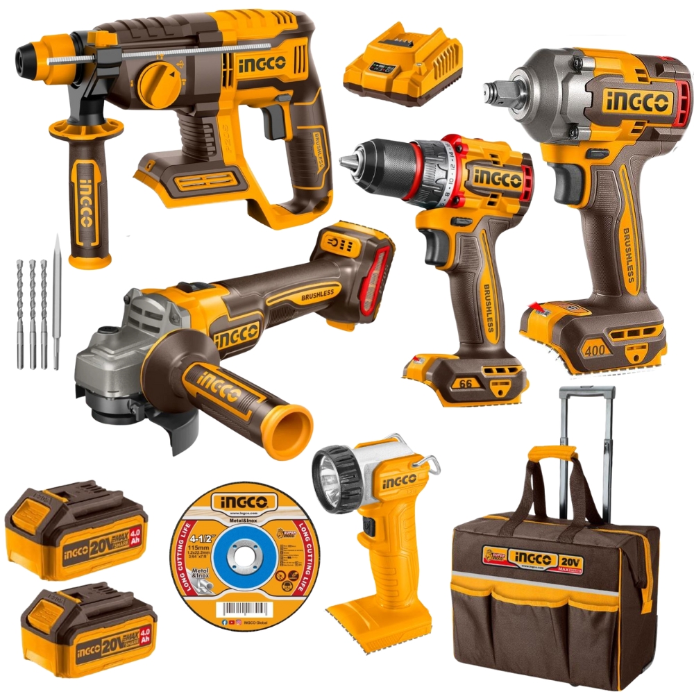 Ingco – Cordless Grinder, Drill, Wrench, Rotary Hammer, and Lamp Kit with Bag