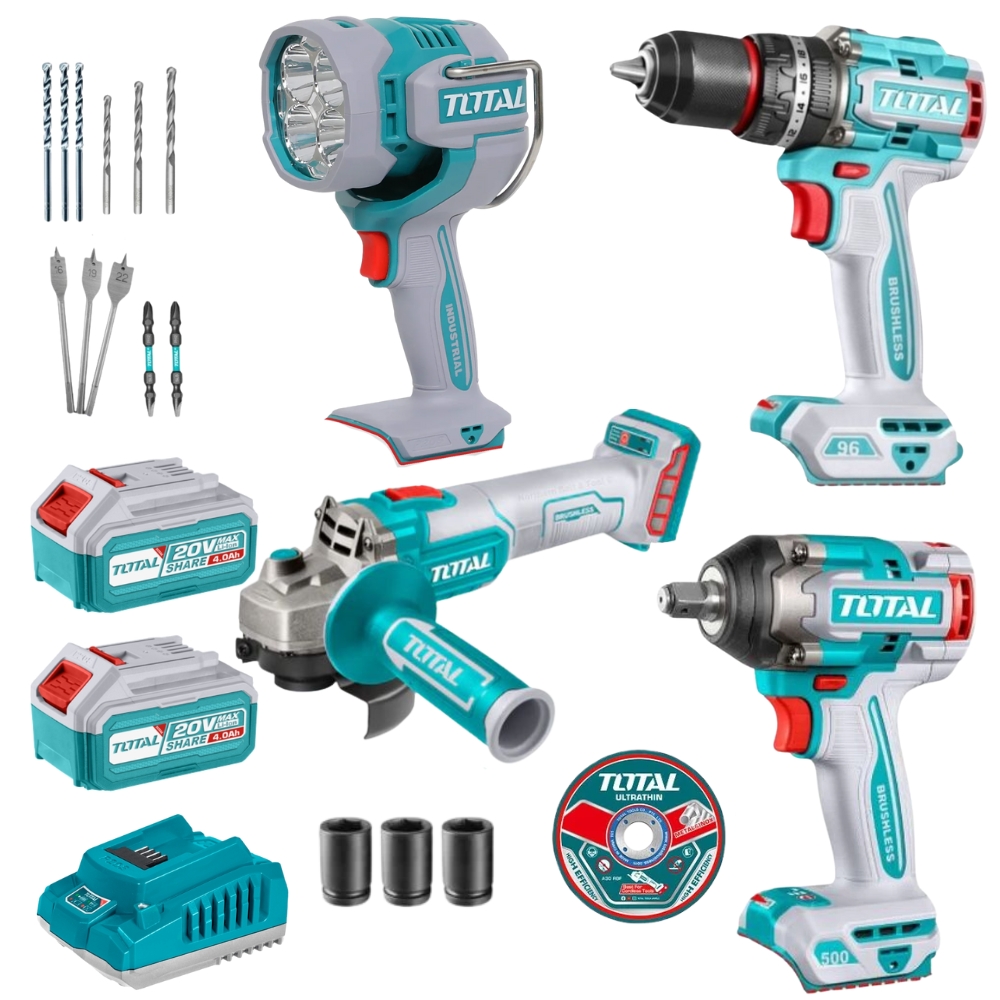 Total Tools – Cordless Impact Drill, Impact Wrench, Angle Grinder & Lamp