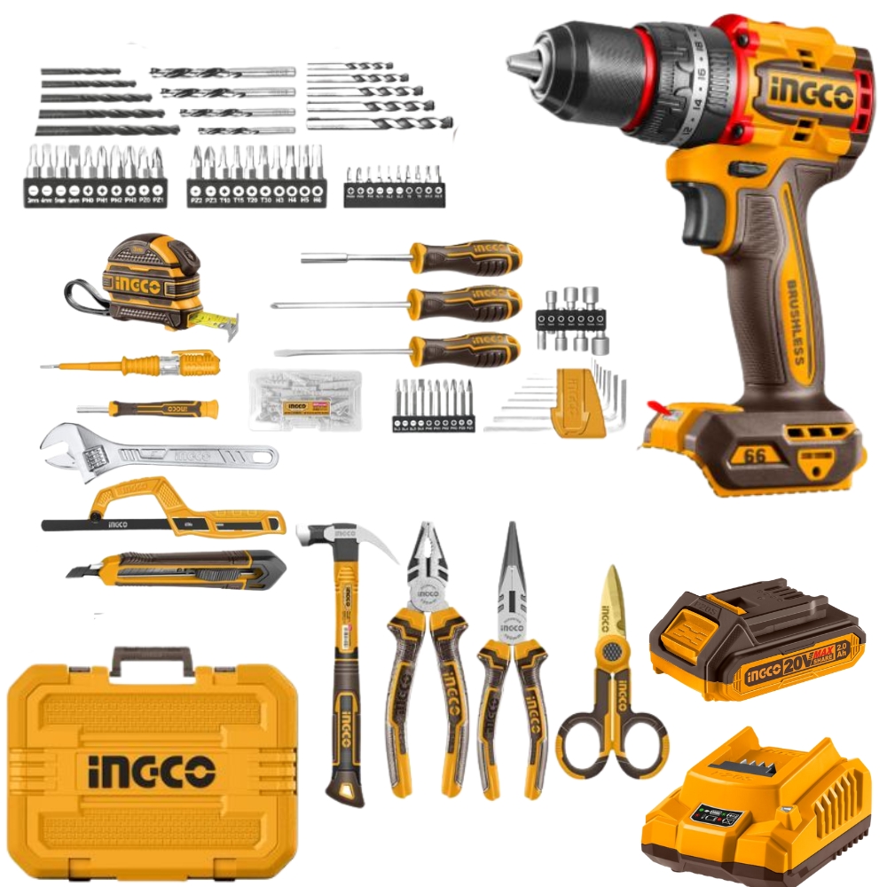 Ingco – Cordless Impact Drill & Complete Hand Tools Set – 165 Piece