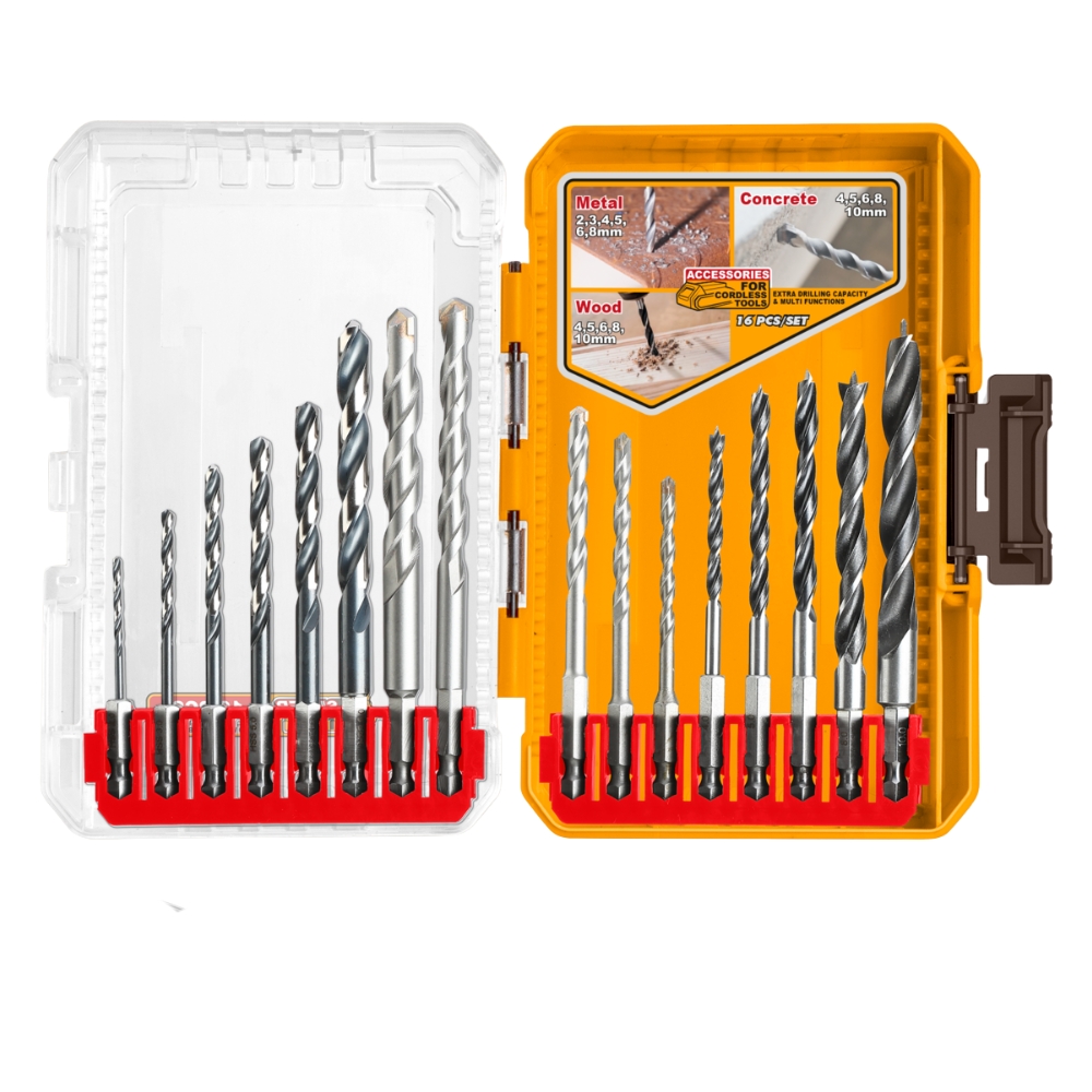 Ingco – Drill Bit Set – Metal, Concrete & Wood – 16 Pieces