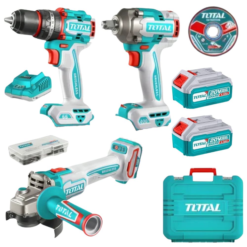 Total Tools – Cordless Impact Drill, Impact Wrench & Grinder with Acc Kit