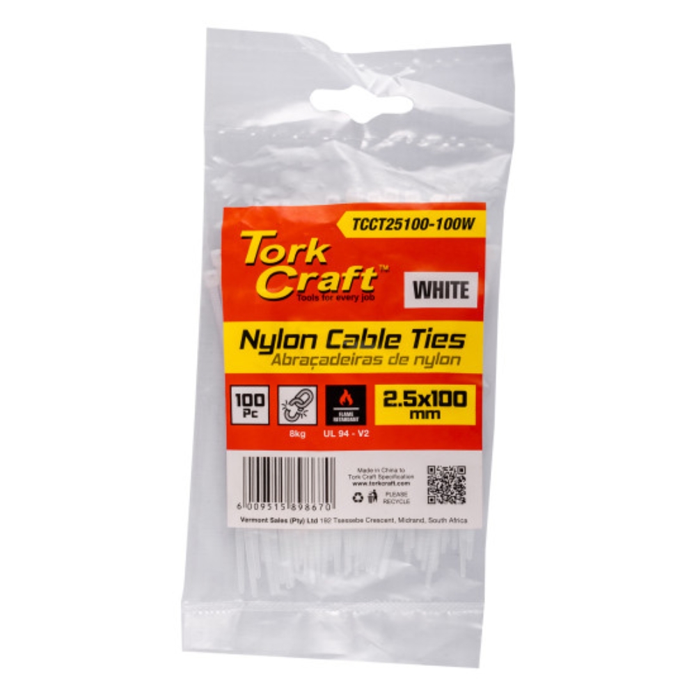Tork Craft – Nylon Cable Ties 2.5mm x 100mm White – 100 Pieces