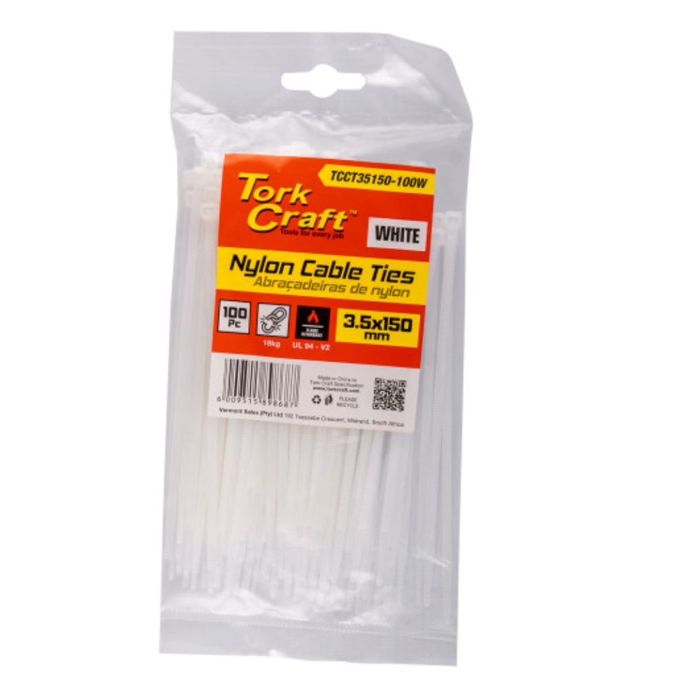 Tork Craft – Nylon Cable Ties 3.5mm x 150mm White – 100 Pieces