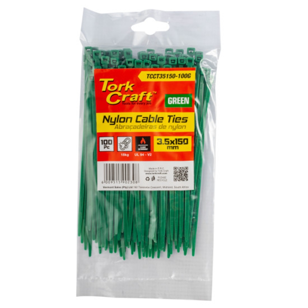 Tork Craft – Nylon Cable Ties 3.5mm x 150mm Green – 100 Pieces