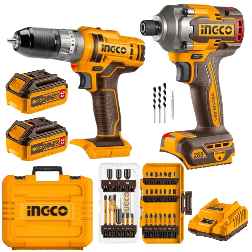 Ingco – Cordless Impact Driver and Drill with 4Ah Batteries, Charger & Bits