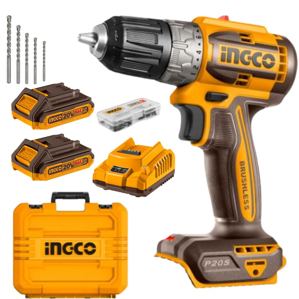 Ingco – Cordless Drill (52Nm) with 2x 2Ah Batteries, Charger & Bits Set Acc