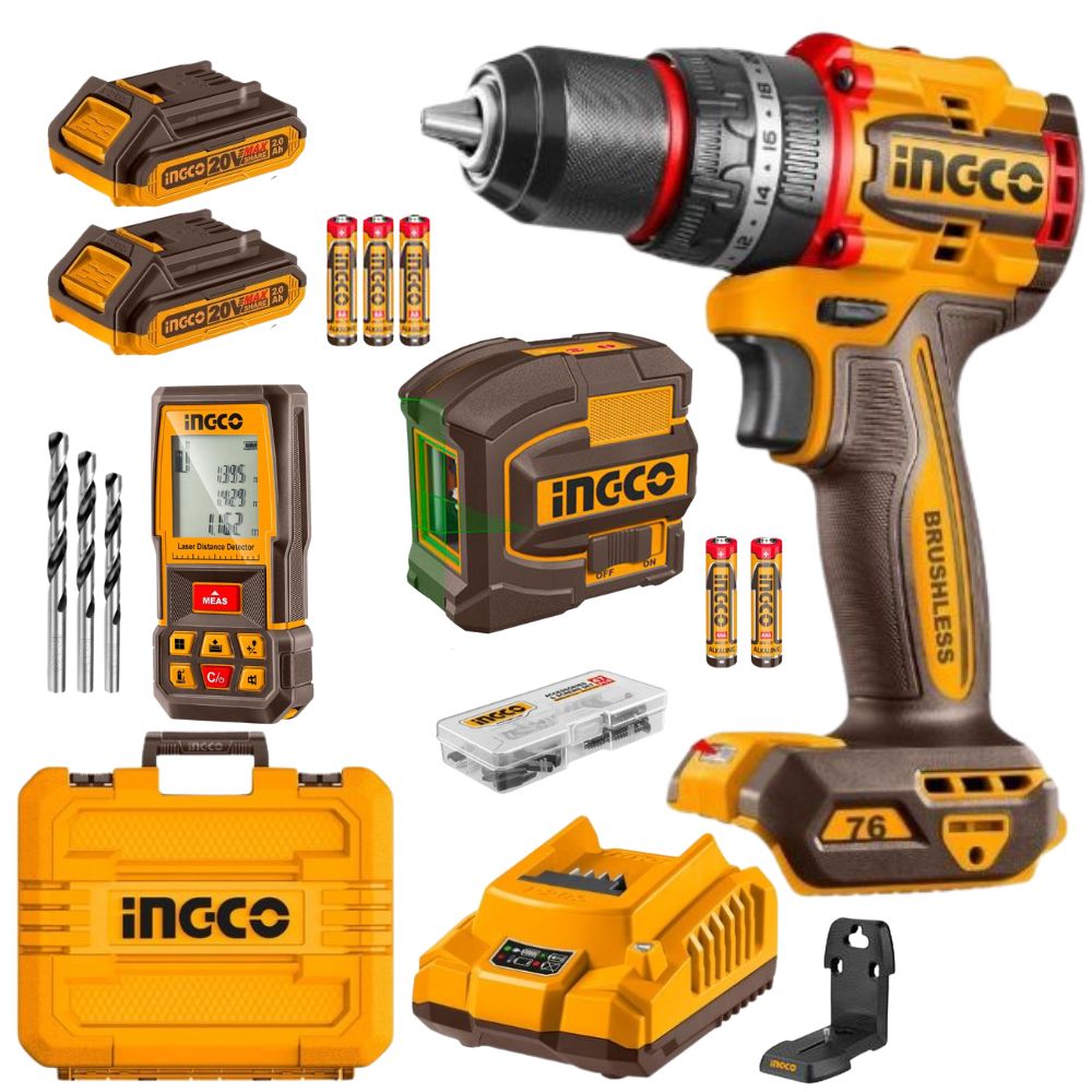 Ingco – Cordless Drill (76Nm), Laser Level & Distance Meter Kit incl Acc