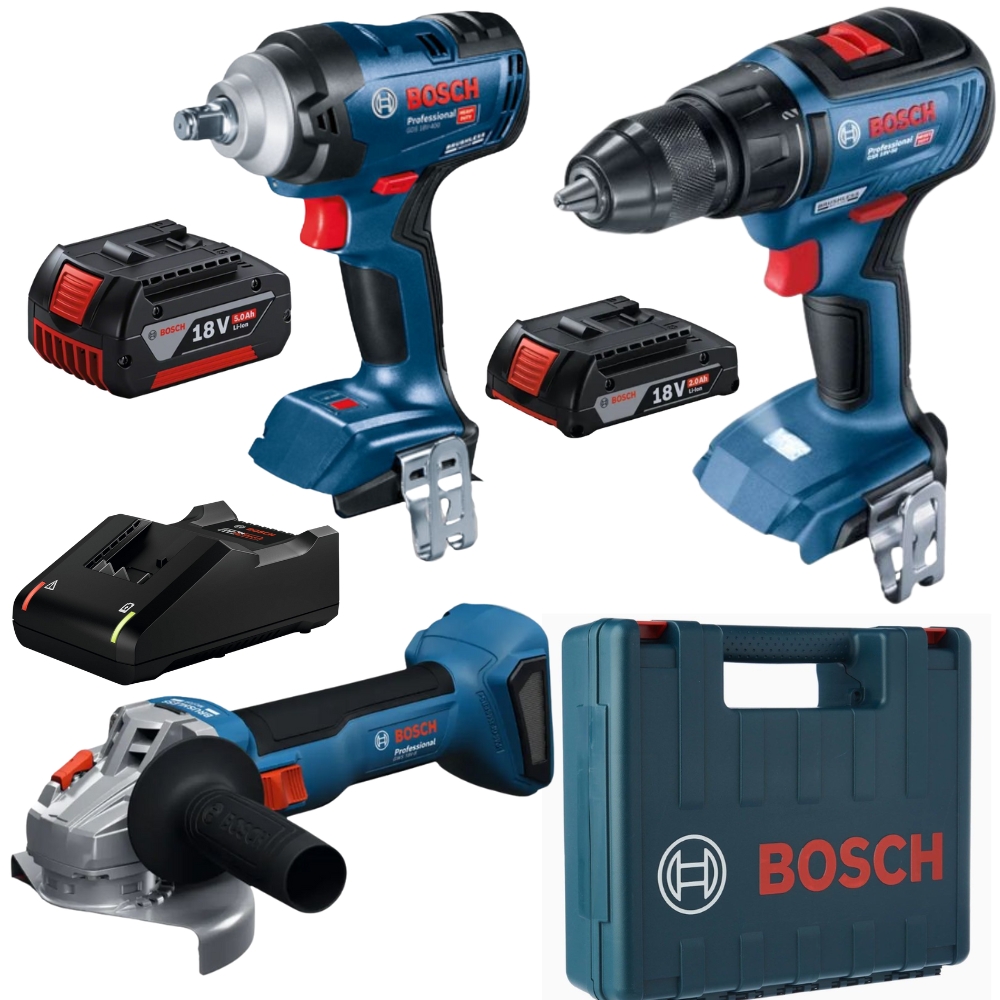 Bosch – Cordless Impact Wrench, Drill and Grinder with Batteries & Charger