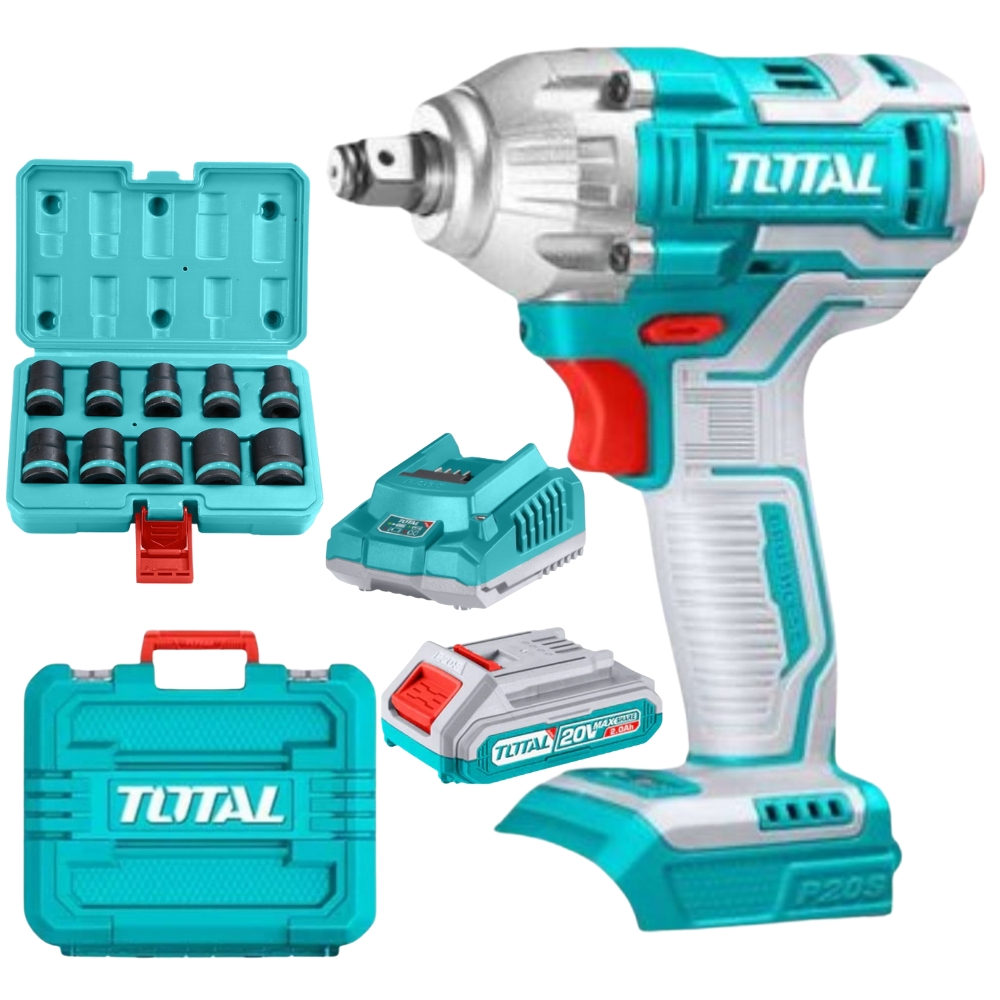Total Tools – Cordless Wrench with 2.0Ah Battery, Charger & 10Pc Socket Set
