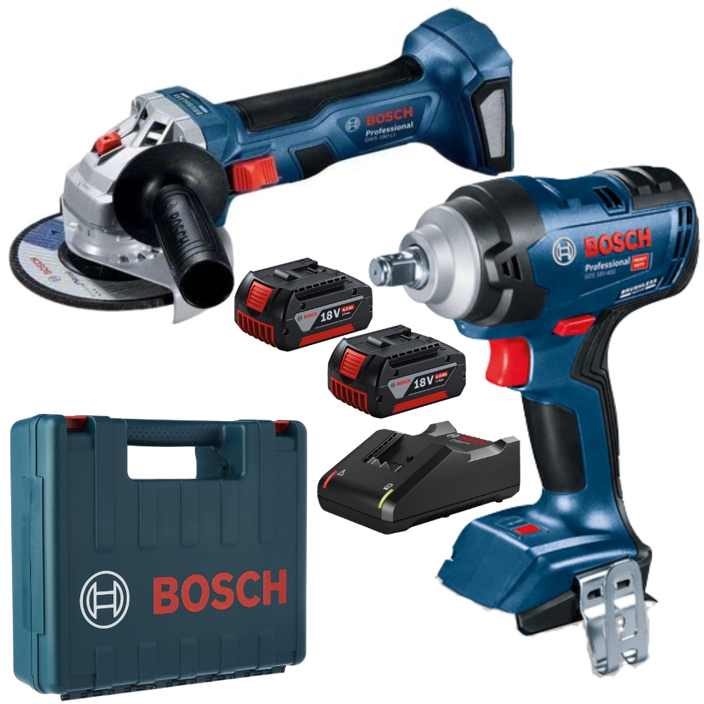 Bosch – Cordless Impact Wrench, Angle Grinder with 2x4A Batteries & Charger
