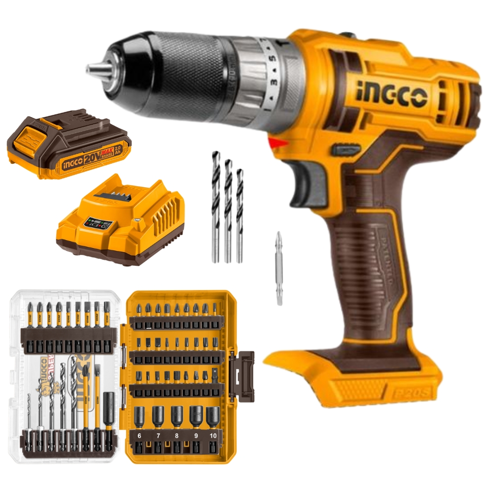 Ingco – Cordless Impact Drill with 2.0 Ah Battery, Charger & Bits