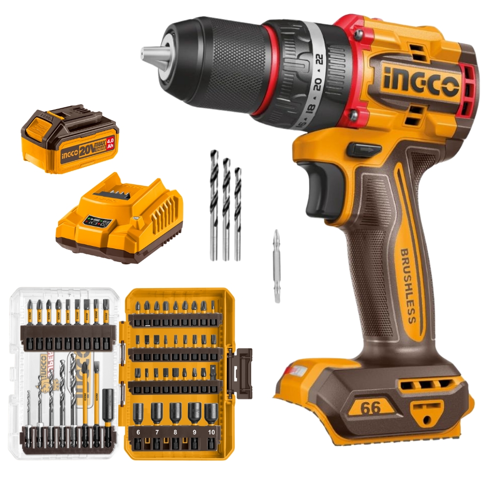 Ingco – Cordless Impact Drill 66Nm , 4Ah Battery, Charger & 49Pc- Bit Set