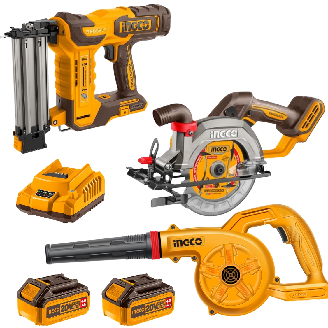 INGCO – 3PCE COMBO CIRCULAR SAW, BLOWER, NAILER WITH 2 BATTERY AND CHARGER