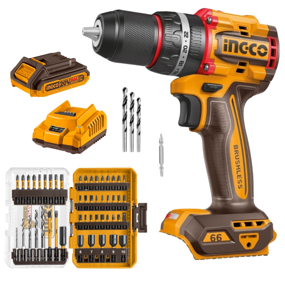 Ingco – Cordless Impact Drill 66Nm, 2Ah Battery, Charger & 49Pc Bit Set