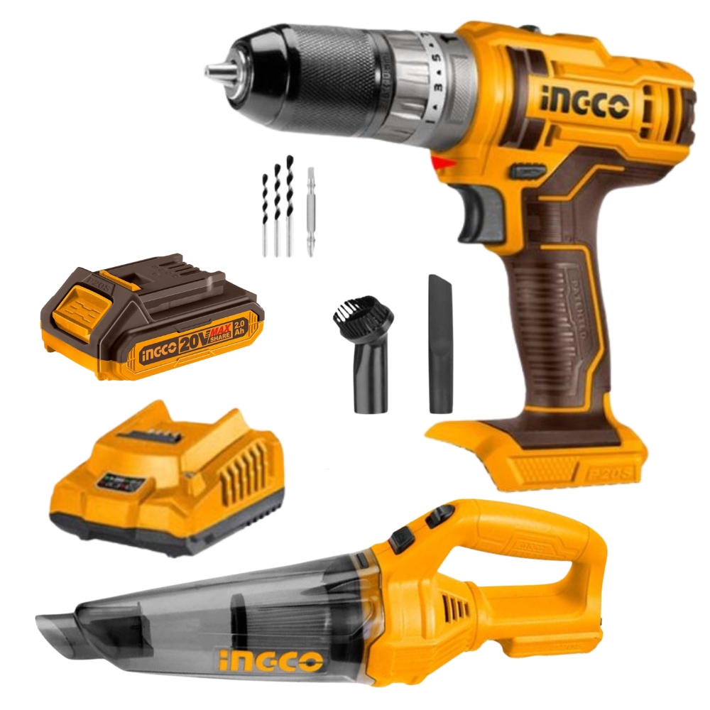 Ingco – Cordless Impact Drill, Vacuum Cleaner with 2.0Ah Battery & Charger