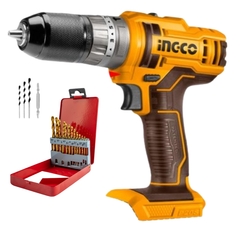 Ingco – Cordless Impact Drill (Unit Only) with 13 Pieces Drill Bit Set