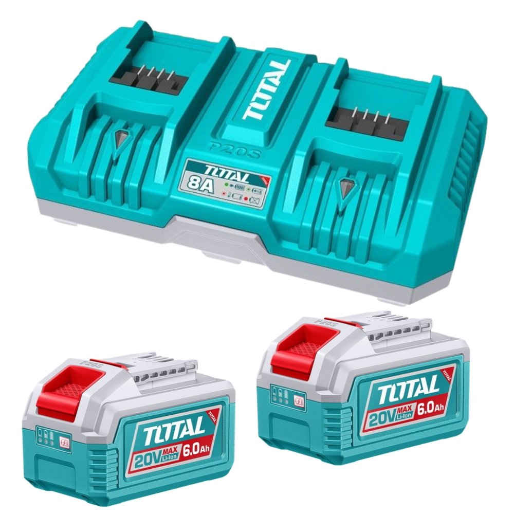 Total Tools – Dual 8Ah Fast Charger (4Ah +4Ah) with 2 x 6.0Ah Batteries