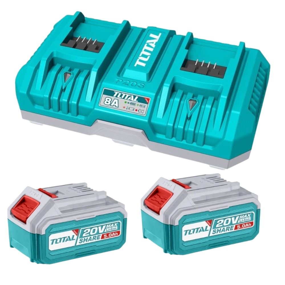 Total Tools – Dual 8Ah Fast Charger (4Ah +4Ah) with 2 x 5.0Ah Batteries