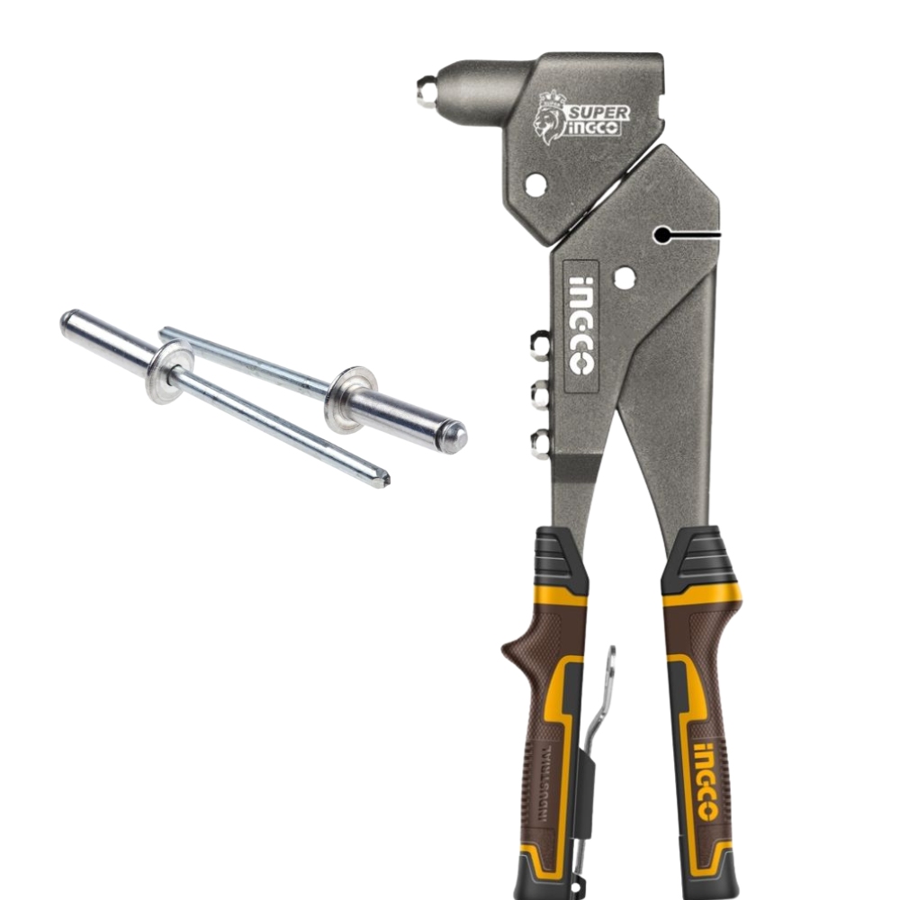Ingco – Swivel Head – Hand Riveter (10.5″) with 200 Pce Assorted Rivets