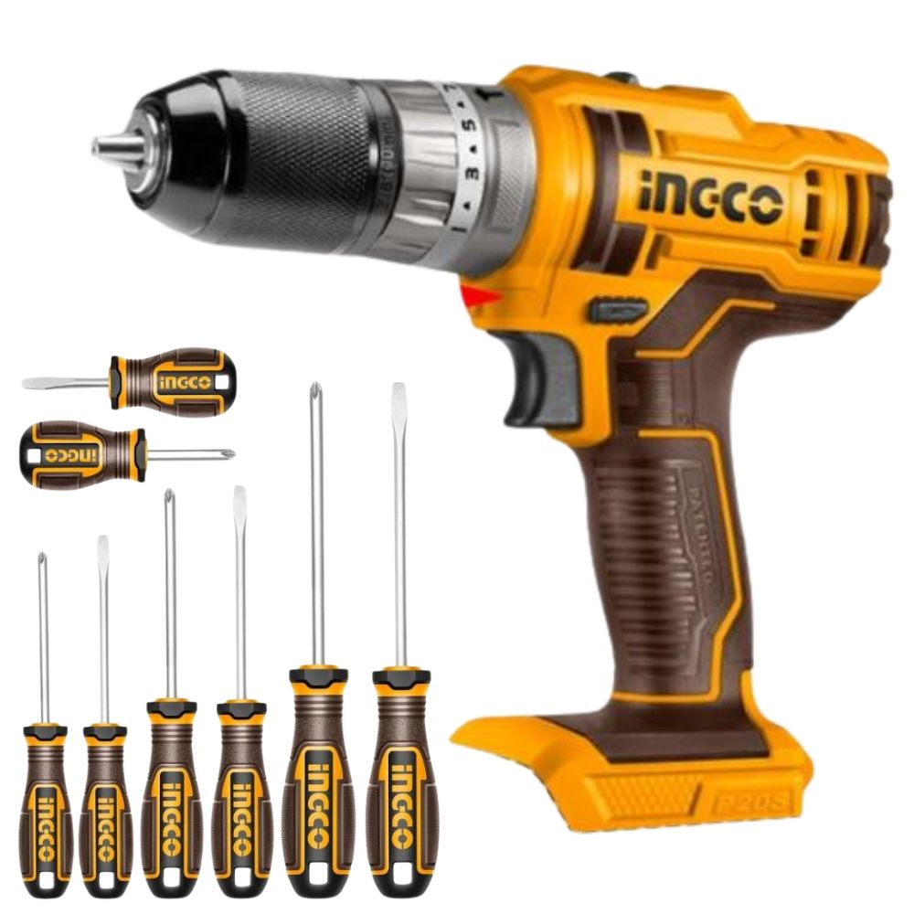 Ingco – Cordless Impact Drill (20V) and Screwdriver Set – 8Pieces