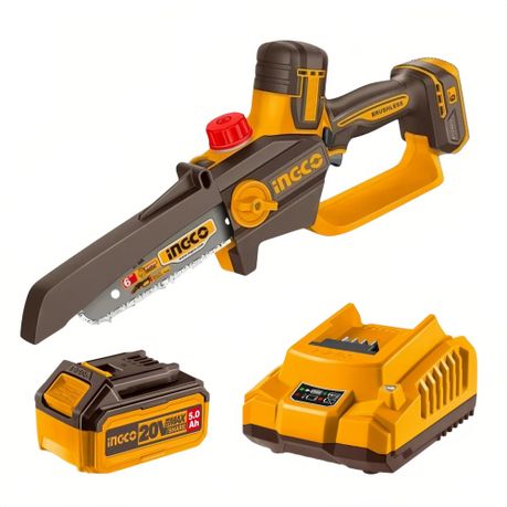 Ingco – Cordless Mini Chainsaw – 6 Inch Bar with 5.0Ah Battery and Charger