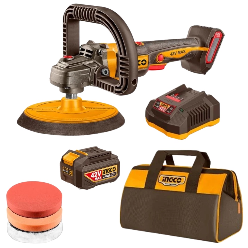 Ingco – Cordless Polisher (42V) – 180mm with Battery, Charger & Asstd Pads