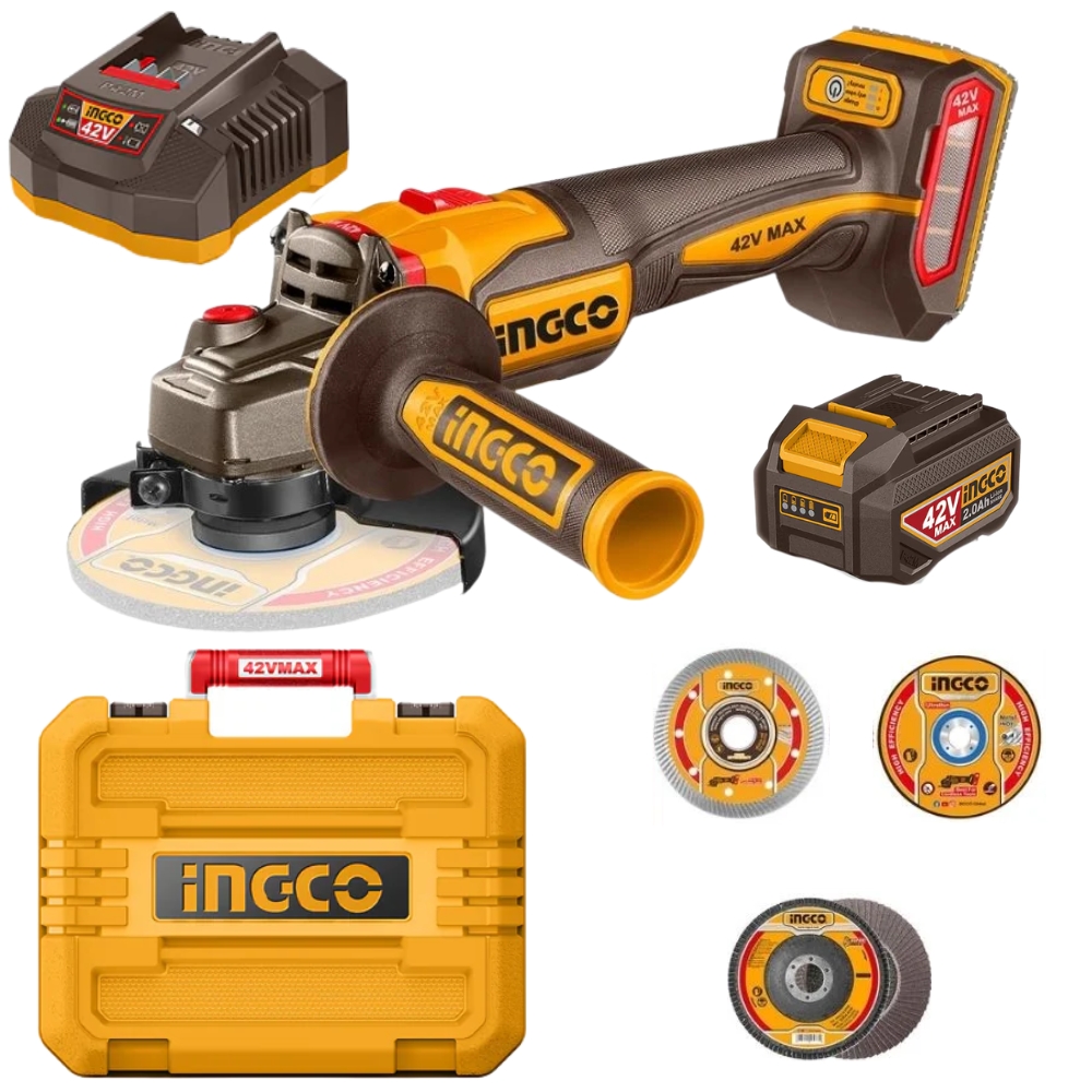 Ingco – Cordless Angle Grinder (42V) with 2x Batteries, Charger & 29 Discs
