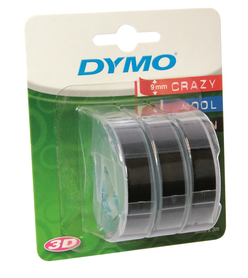Dymo Omega Embossing 9mm x 3m White on Black Tape Cassette – Pack of 3