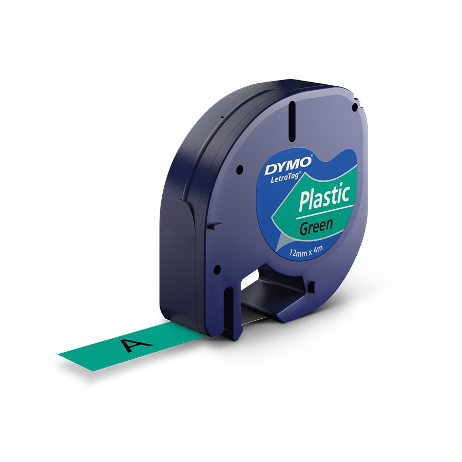 Dymo LetraTag 12mm x 4m Black on Green Plastic Tape Cassette