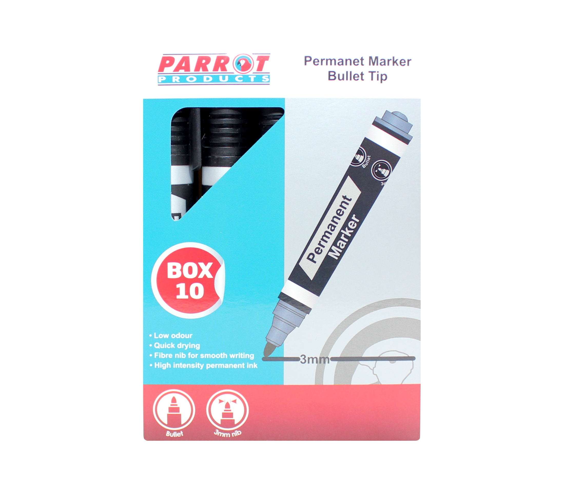 Parrot Products Permanent Markers (Bullet Tip – Box 10 – Black)