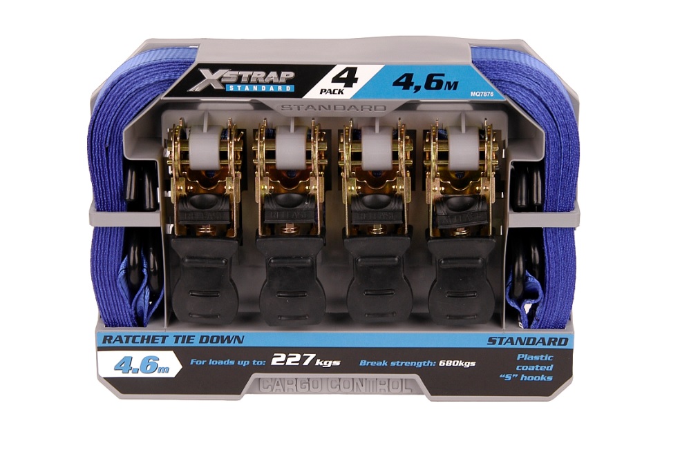 X-Strap -Ratchet Tie Down – Black & Silver – Set of 4 – 4.6M X 25mm