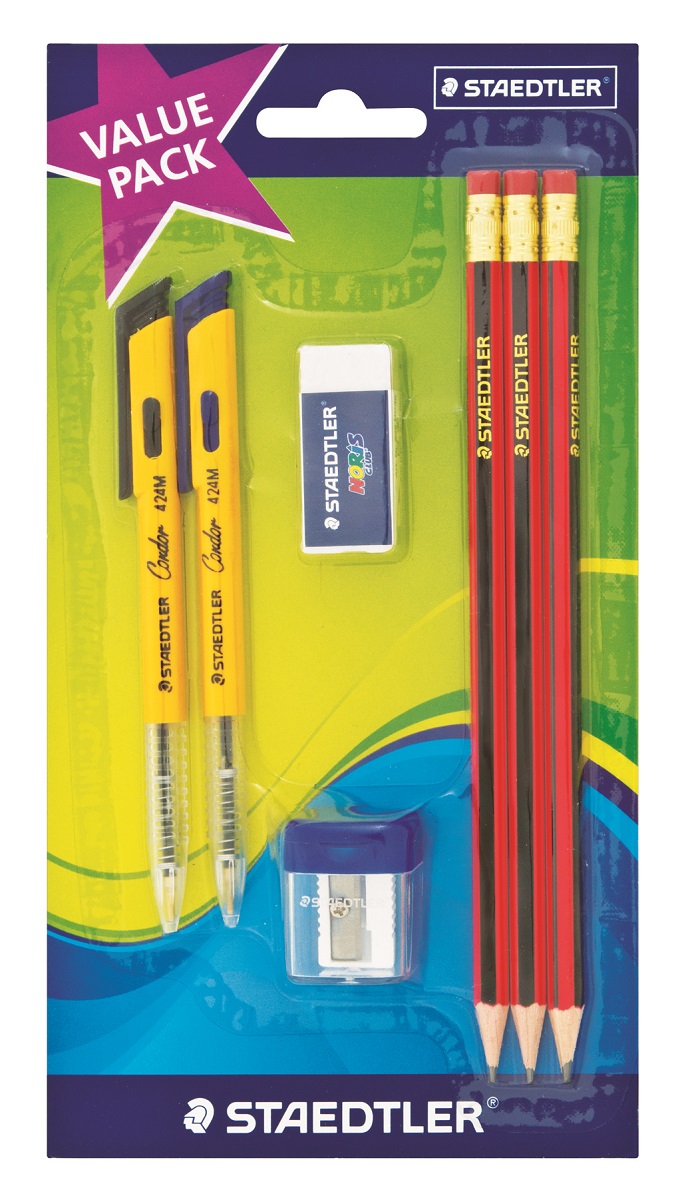 Staedtler Value Pack – 2 Pens, 3 HB Pencils, Eraser and Sharpener
