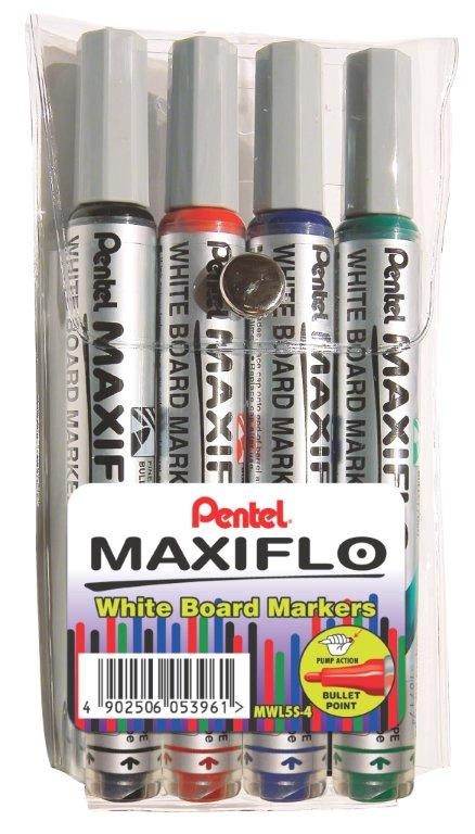 Pentel Maxiflo 4.0mm Bullet Tip Whiteboard Markers – Wallet of 4
