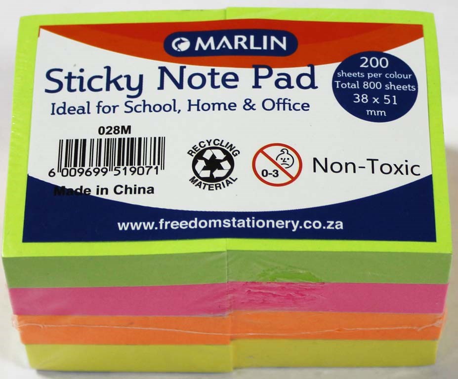 Marlin Sticky Note Pad 38 x 51mm Cube Assorted