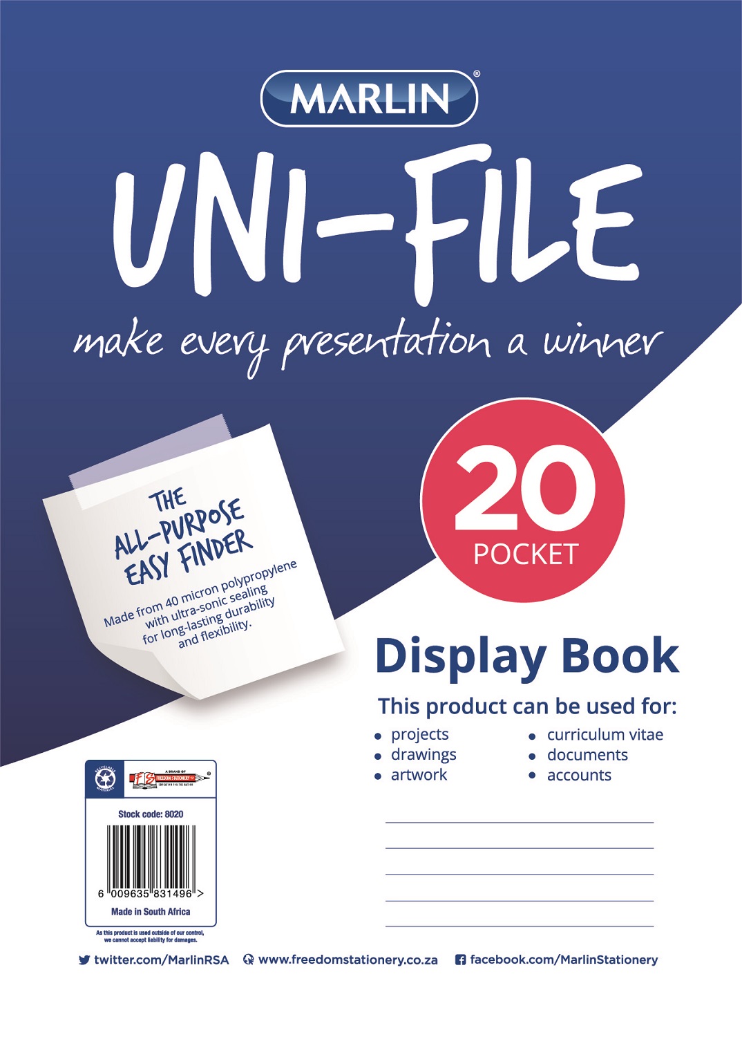 Marlin Uni-File A4 Soft Cover Display File – 20 Pocket